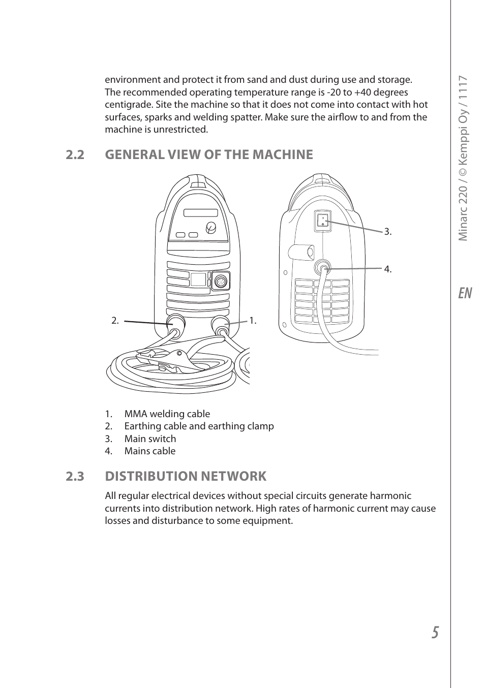 2 general view of the machine, 3 distribution network | Kemppi Minarc 220 User Manual | Page 7 / 16