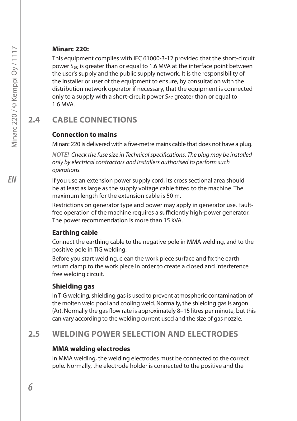 4 cable connections, 5 welding power selection and electrodes | Kemppi Minarc 220 User Manual | Page 8 / 16