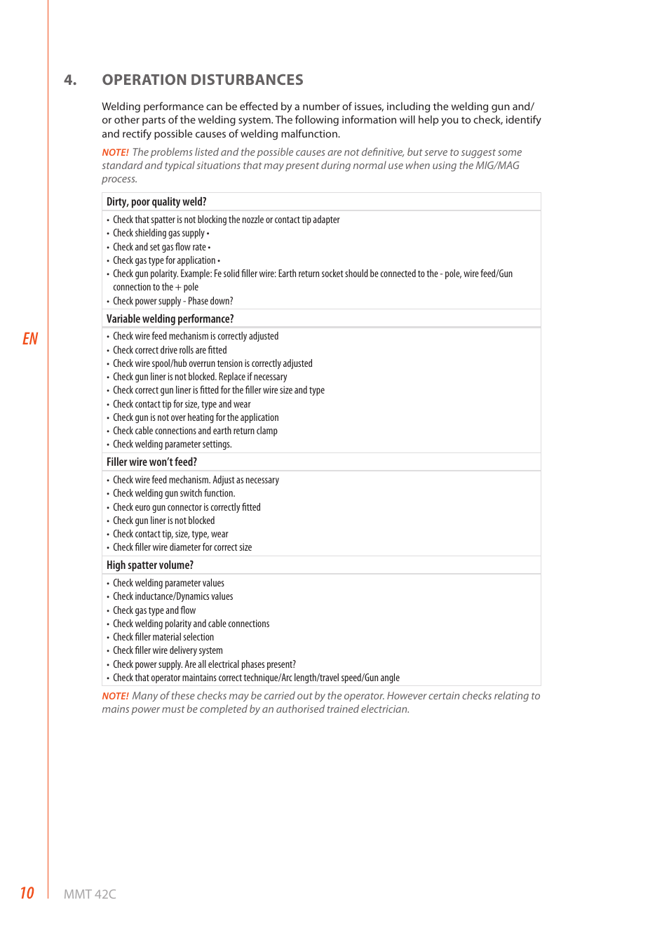 Operation disturbances | Kemppi MMT 42C User Manual | Page 12 / 16