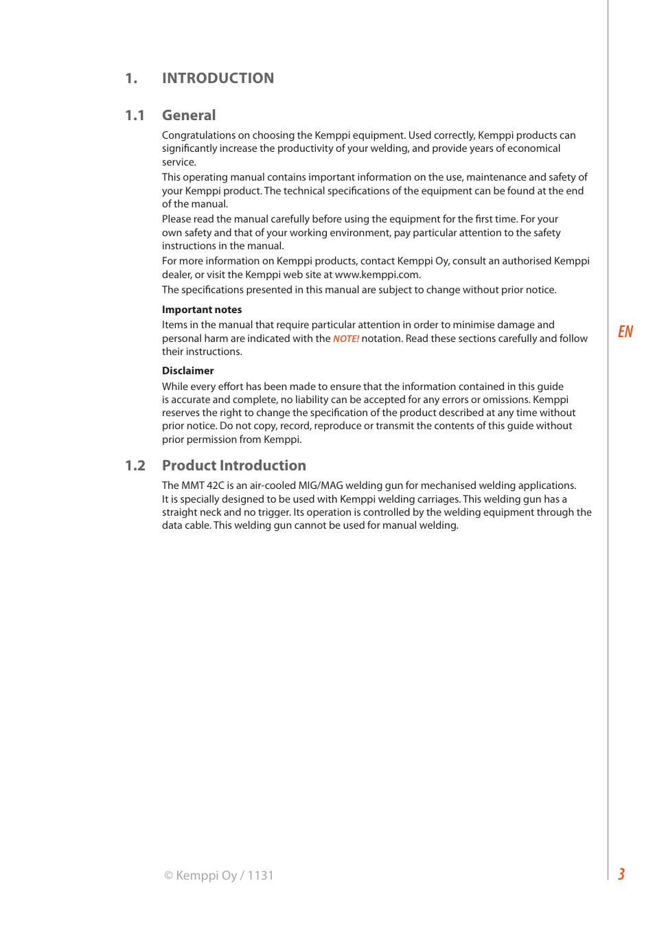 Introduction 1.1 general, 2 product introduction | Kemppi MMT 42C User Manual | Page 5 / 16