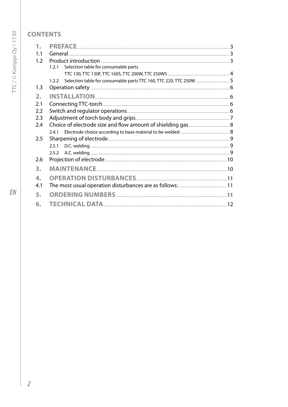 Contents 1. preface, Installation, Maintenance | Operation disturbances, Ordering numbers, Technical data | Kemppi TTC-TIG torches User Manual | Page 4 / 16