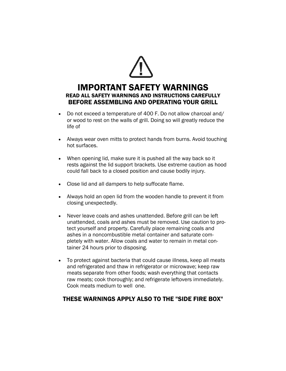 Important safety warnings | Char-Griller 2123 User Manual | Page 16 / 20