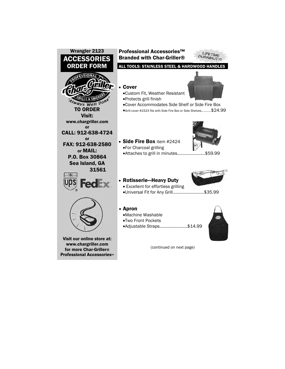 Accessories, Order form | Char-Griller 2123 User Manual | Page 17 / 20