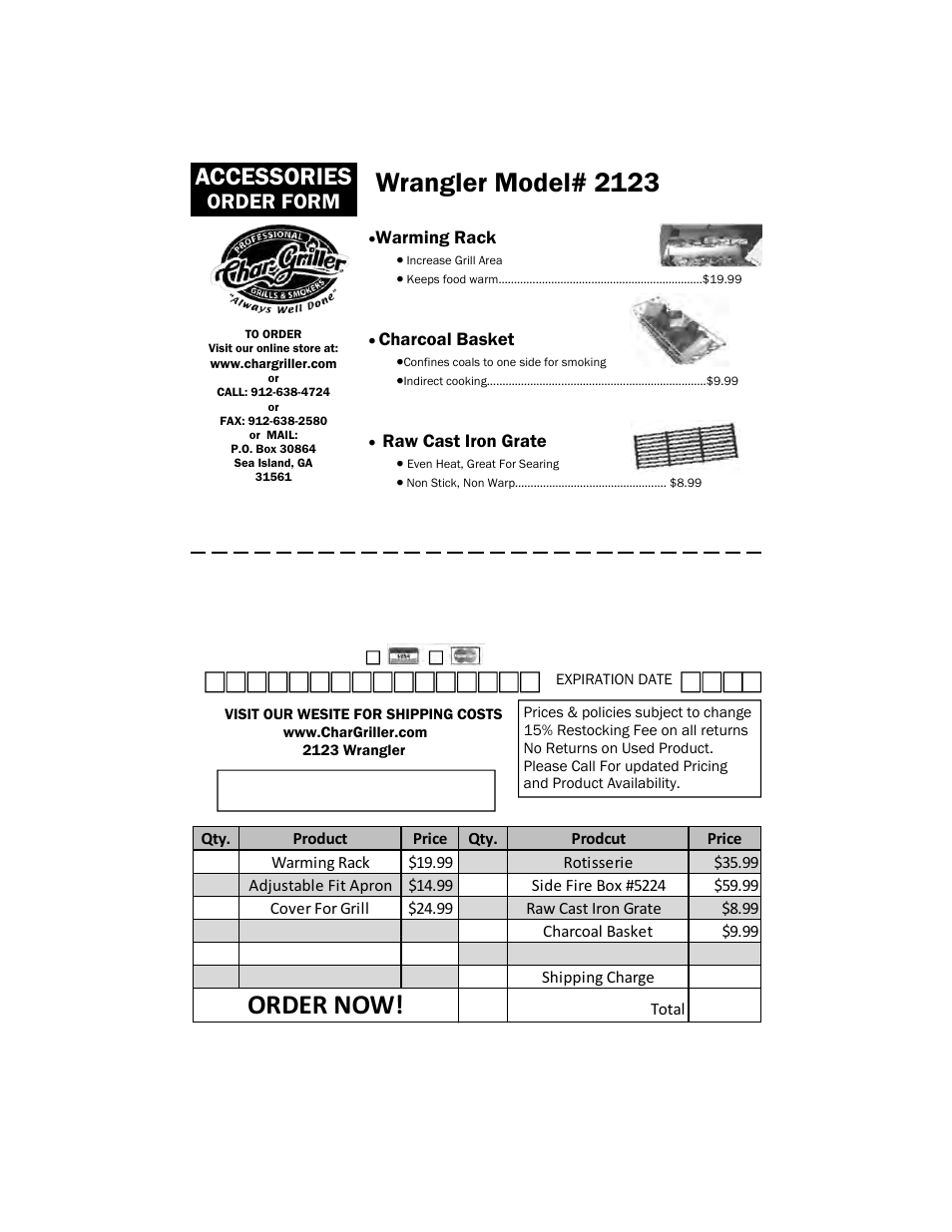 Wrangler model# 2123, Order now, Accessories | Order form | Char-Griller 2123 User Manual | Page 18 / 20