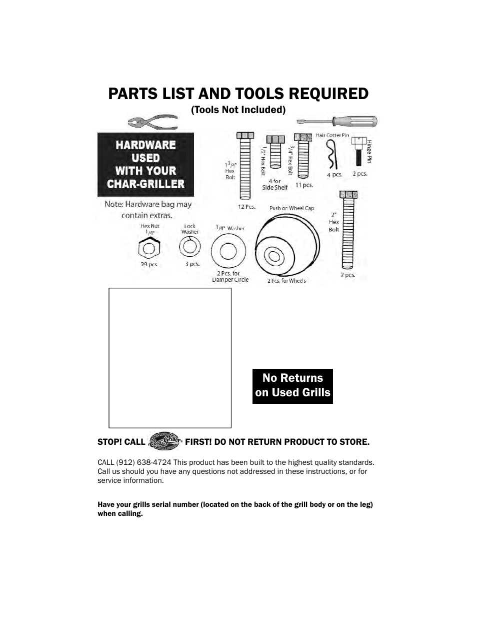 Parts list and tools required, No returns on used grills | Char-Griller 2123 User Manual | Page 2 / 20