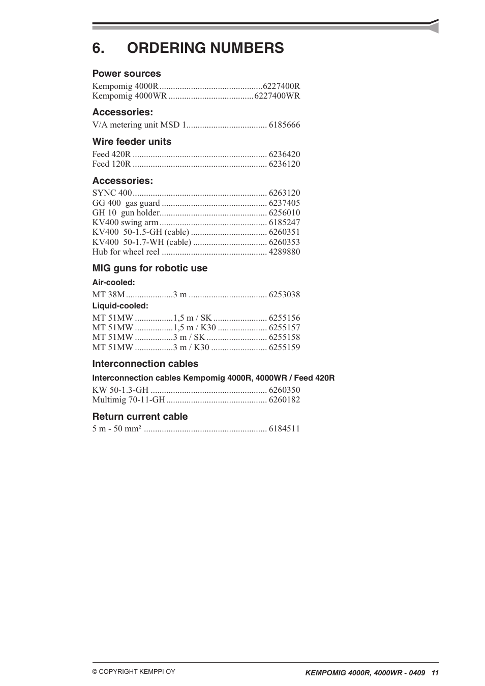 Ordering numbers | Kemppi Kempomig 4000R User Manual | Page 11 / 13