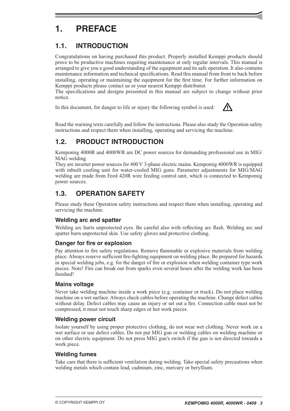 Preface, Introduction, Product introduction | Operation safety | Kemppi Kempomig 4000R User Manual | Page 3 / 13