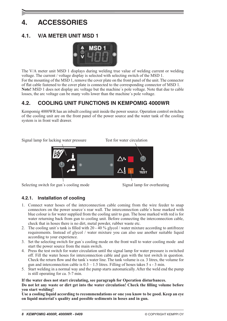 Accessories, V/a meter unit msd 1, Cooling unit functions in kempomig 4000wr | Kemppi Kempomig 4000R User Manual | Page 8 / 13