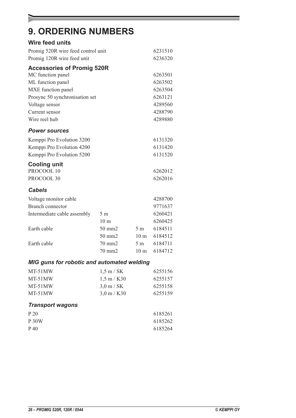 References pour commander, Bestelnummers, Bestellnummern | Ordering numbers, Bestillingsnumre, Bestillingsnr, Beställningsdata, Tilausnumerot | Kemppi Promig 520R User Manual | Page 26 / 29