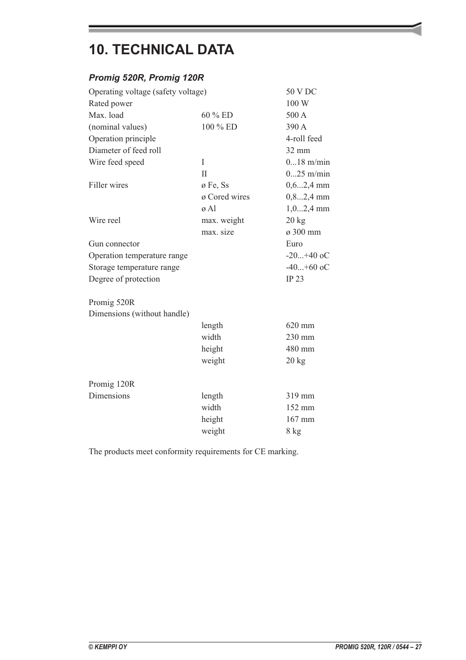 Caracteristiques techniques, Technische gegevens, Technische daten | Tekniske data, Tekniska data, Tekniset tiedot, Technical data | Kemppi Promig 520R User Manual | Page 27 / 29