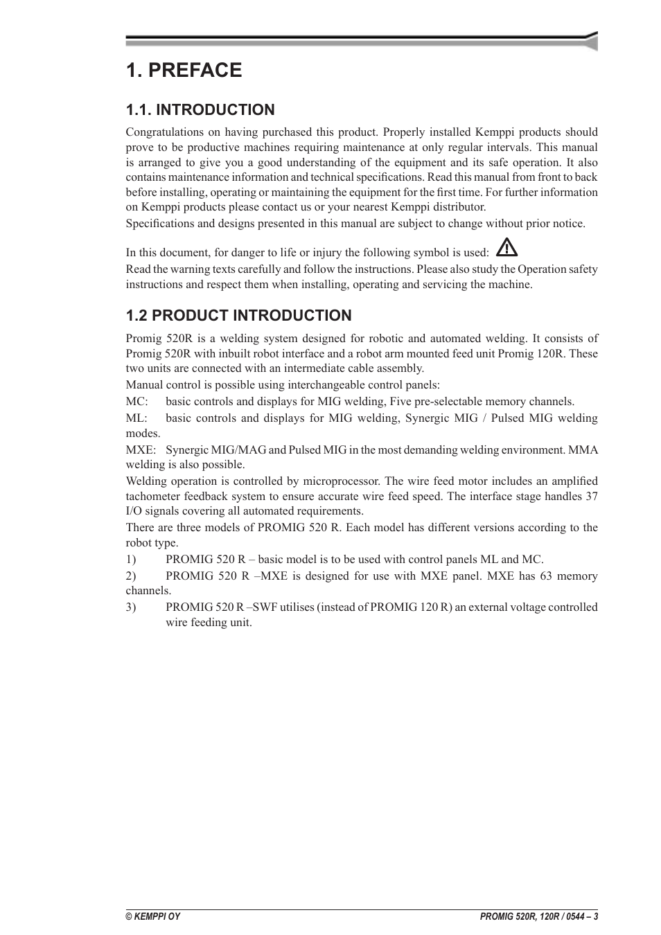 Préface, Introduction, Présentation du produit | Voorwoord, Inleiding, Product inleiding, Einleitung, Vorwort, Produkteinführung, Preface | Kemppi Promig 520R User Manual | Page 3 / 29