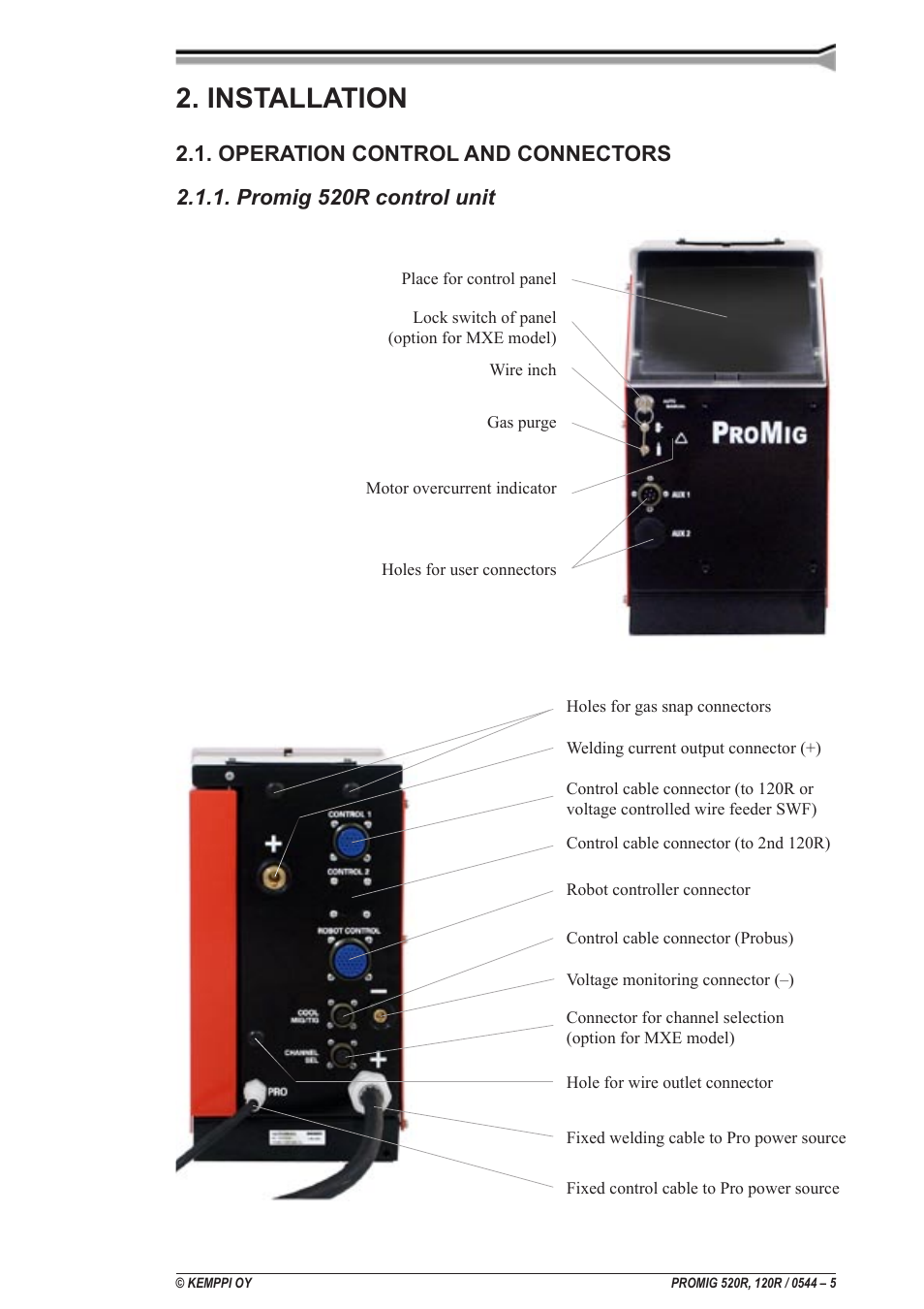 Installation, Commandes et connecteurs, Promig 520r: module de commande | Installatie, Bediening en aansluitingen, Promig 520r bedieningseenheid, Inbetriebnahme, Anschlüsse und steckverbindungen, Promig 520r steuerungseinheit, Operation control and connectors | Kemppi Promig 520R User Manual | Page 5 / 29