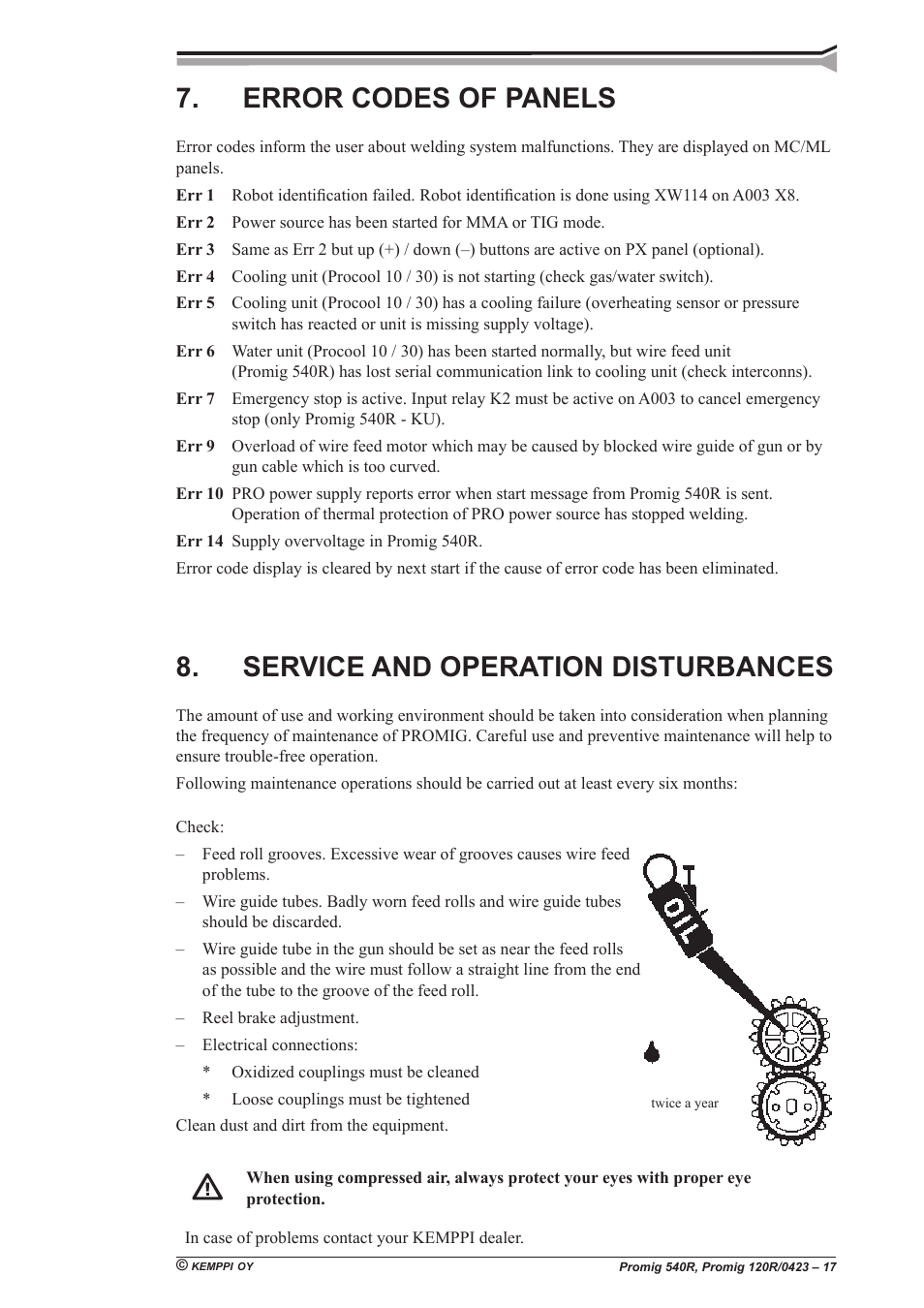 Service and operation disturbances, Error codes of panels | Kemppi Promig 540R User Manual | Page 17 / 20