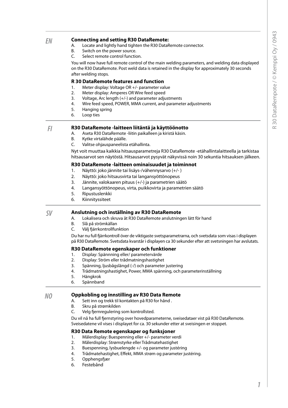 En fi sv no | Kemppi R30 User Manual | Page 3 / 6