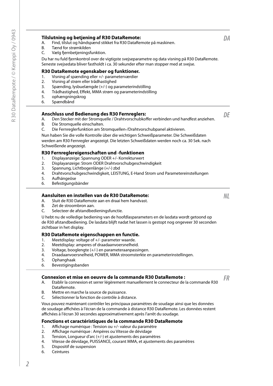 Da de nl fr 2 | Kemppi R30 User Manual | Page 4 / 6