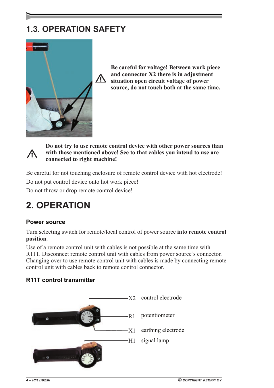 Operation, Operation safety | Kemppi R11T User Manual | Page 4 / 6