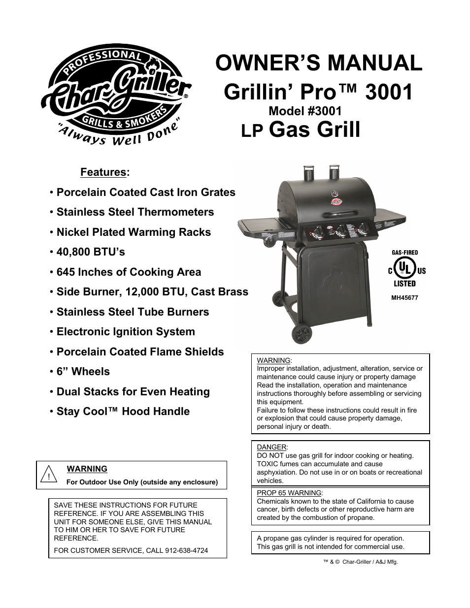 Char-Griller LP Gas Grill Grillin Pro 3001 User Manual | 24 pages