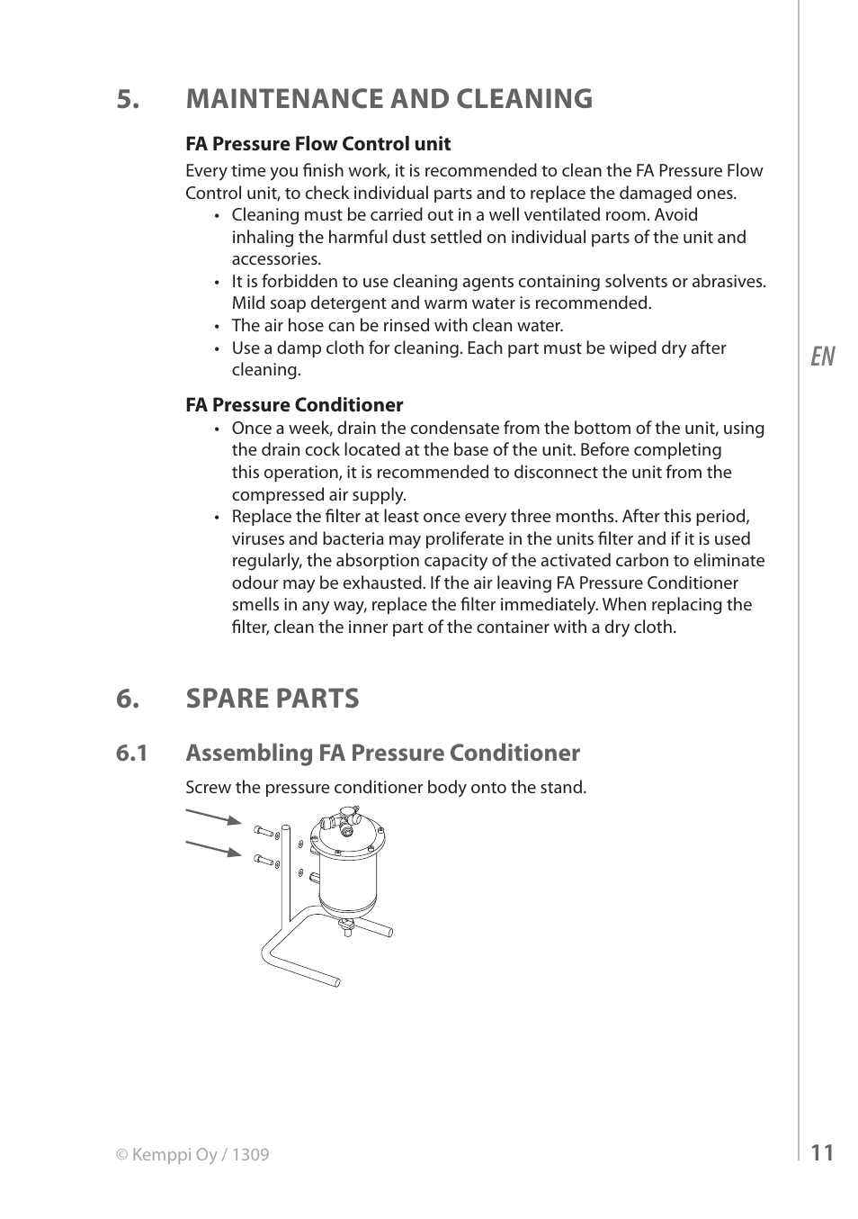 En 5. maintenance and cleaning, Spare parts, 1 assembling fa pressure conditioner | Kemppi FreshAir Pressure Flow Control unit User Manual | Page 11 / 16