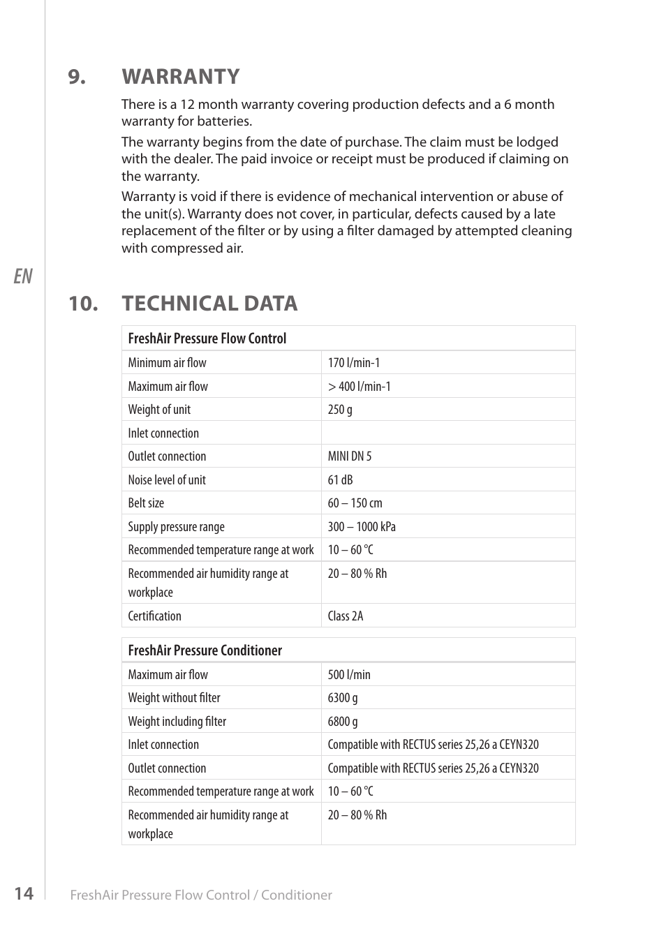 En 9. warranty, Technical data | Kemppi FreshAir Pressure Flow Control unit User Manual | Page 14 / 16