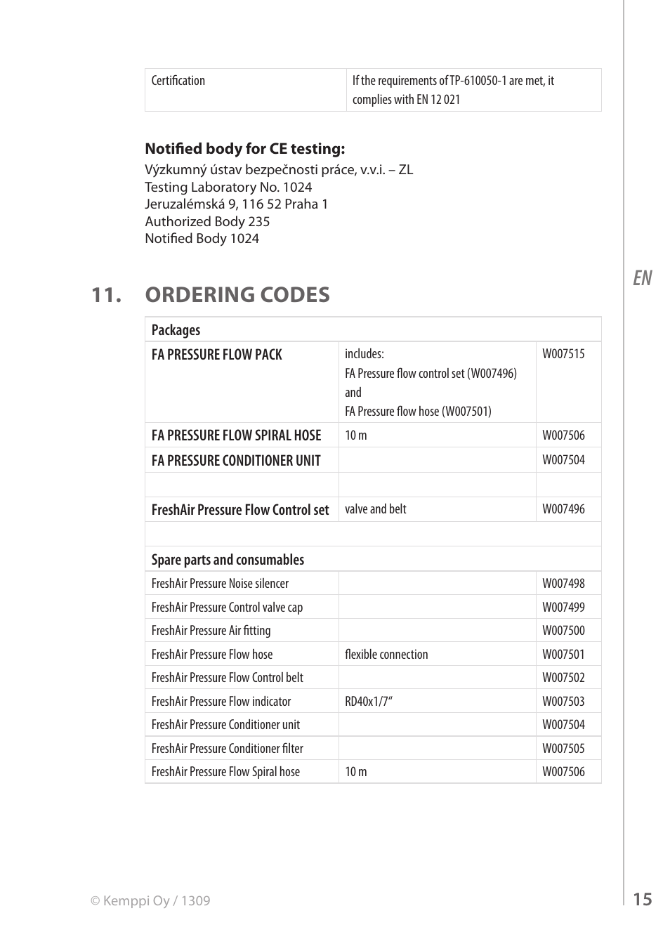 Ordering codes | Kemppi FreshAir Pressure Flow Control unit User Manual | Page 15 / 16