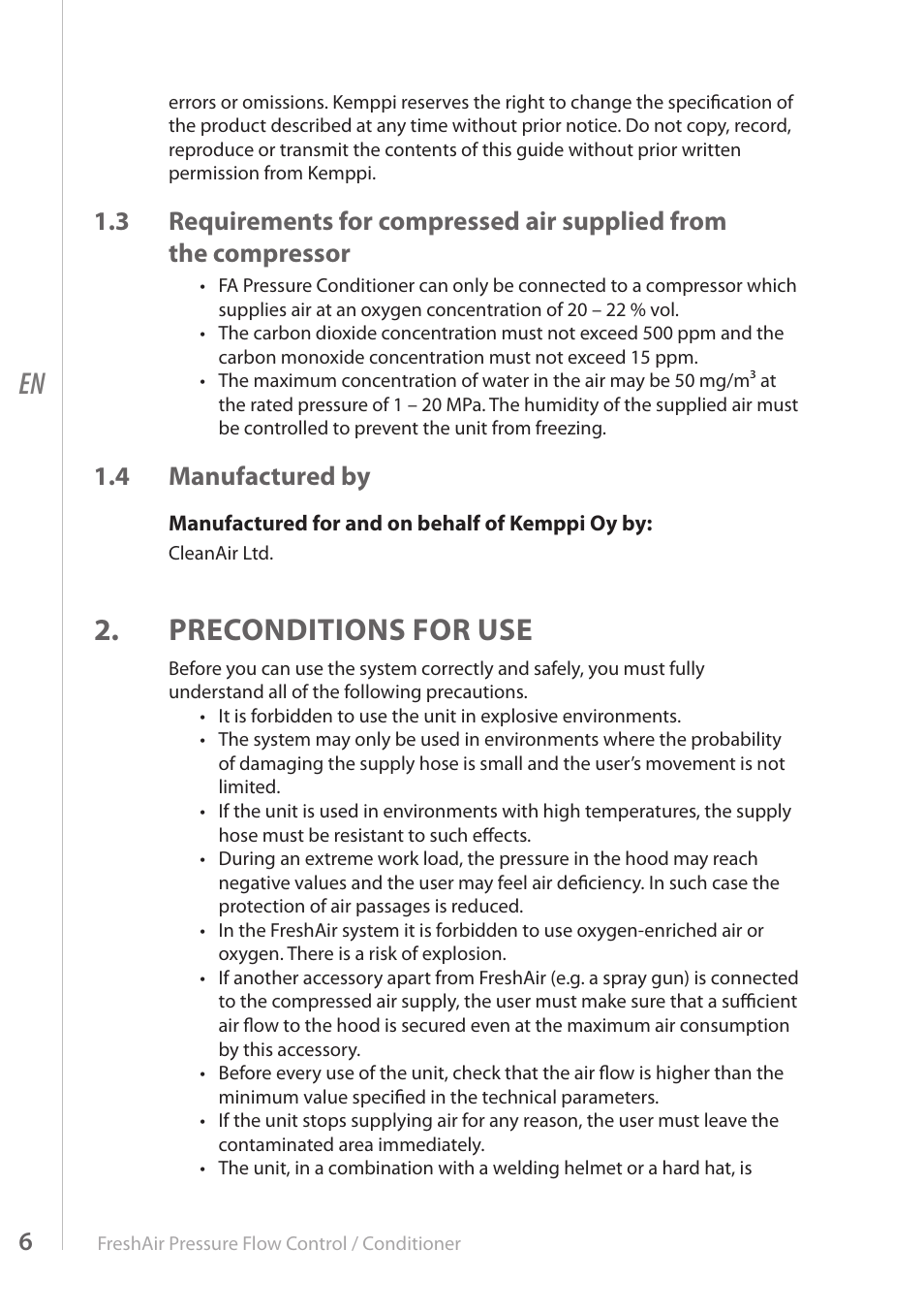 Preconditions for use, 4 manufactured by | Kemppi FreshAir Pressure Flow Control unit User Manual | Page 6 / 16