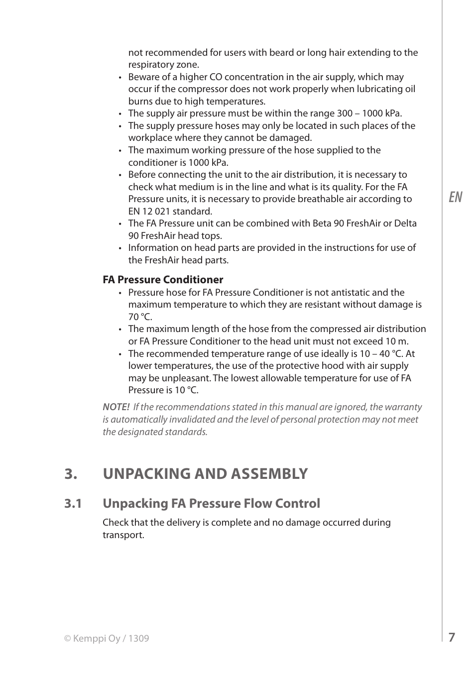Unpacking and assembly, 1 unpacking fa pressure flow control | Kemppi FreshAir Pressure Flow Control unit User Manual | Page 7 / 16