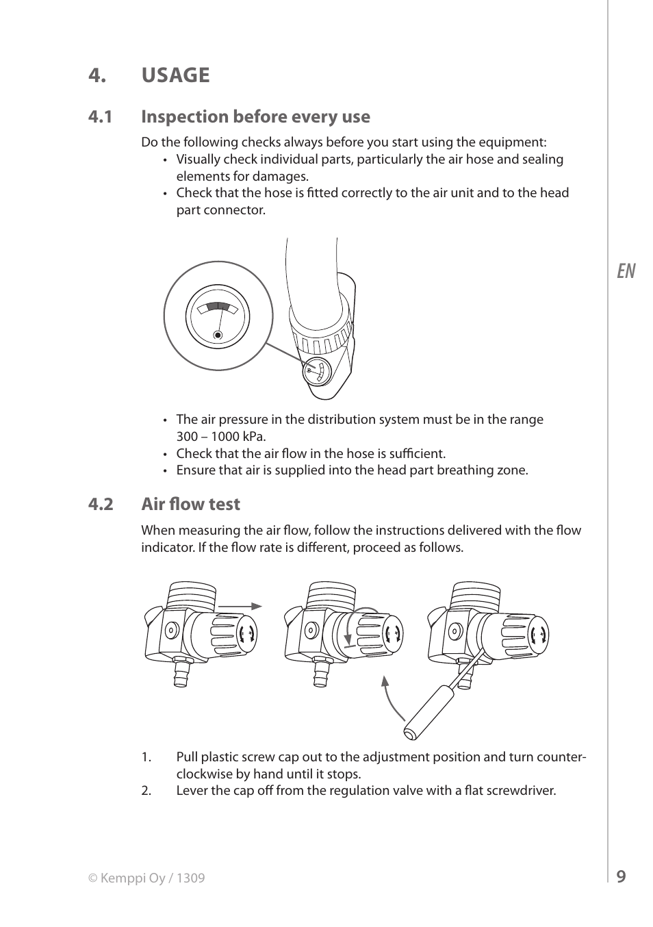 En 4. usage, 1 inspection before every use, 2 air flow test | Kemppi FreshAir Pressure Flow Control unit User Manual | Page 9 / 16