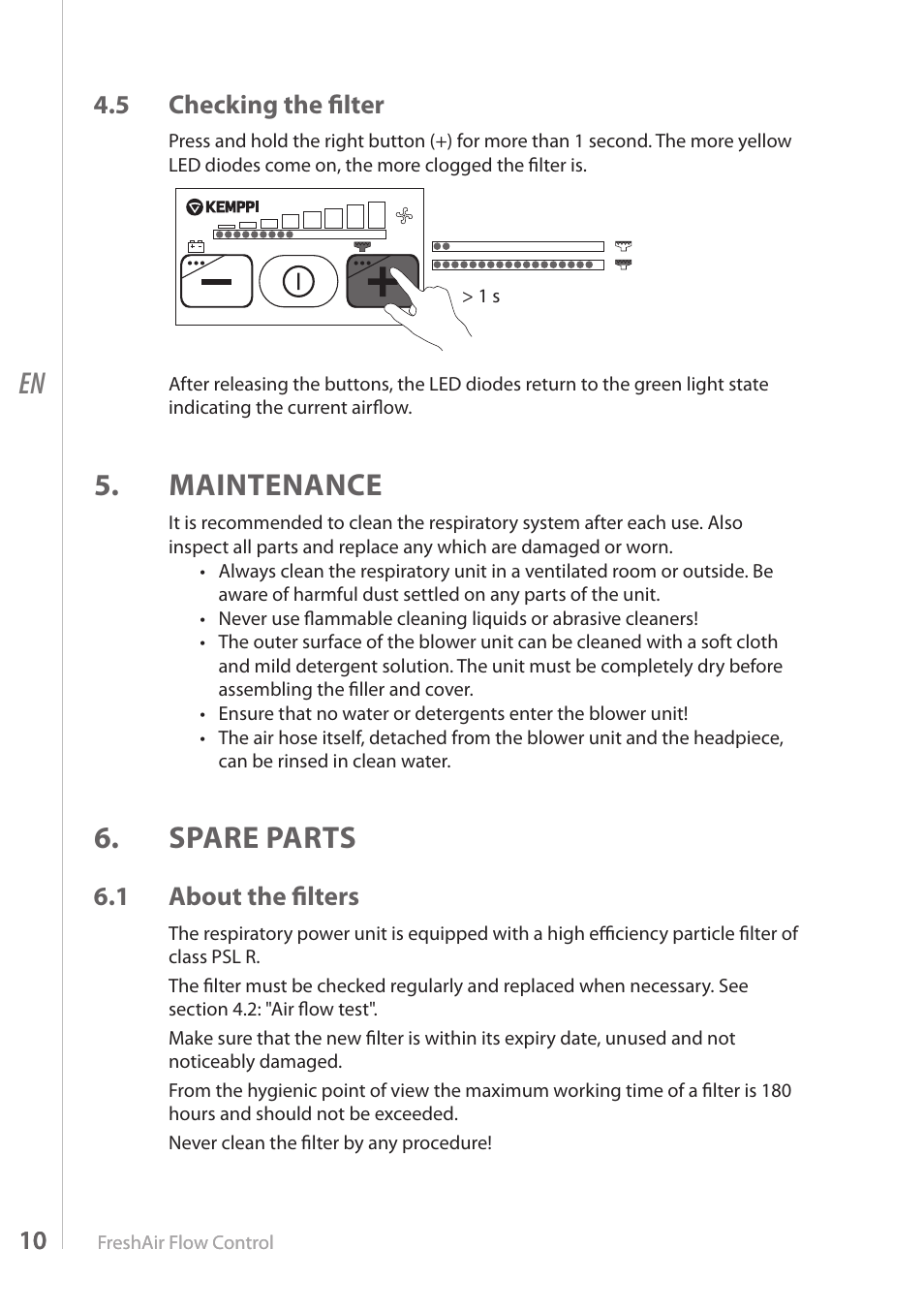 Maintenance, Spare parts, 5 checking the filter | 1 about the filters | Kemppi FreshAir Flow Control unit User Manual | Page 10 / 18