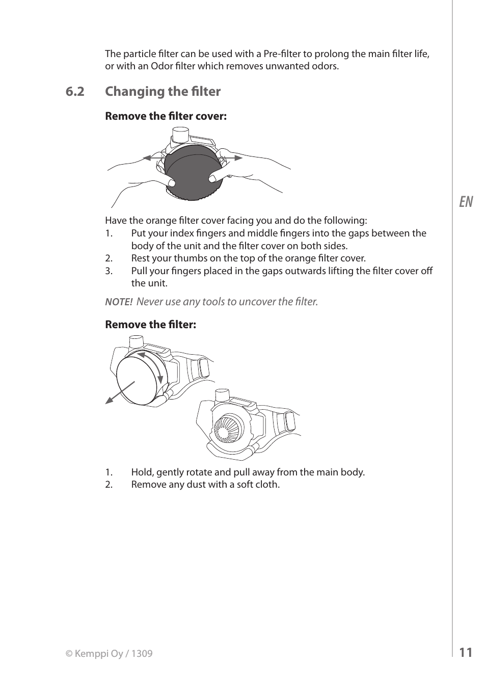 2 changing the filter | Kemppi FreshAir Flow Control unit User Manual | Page 11 / 18