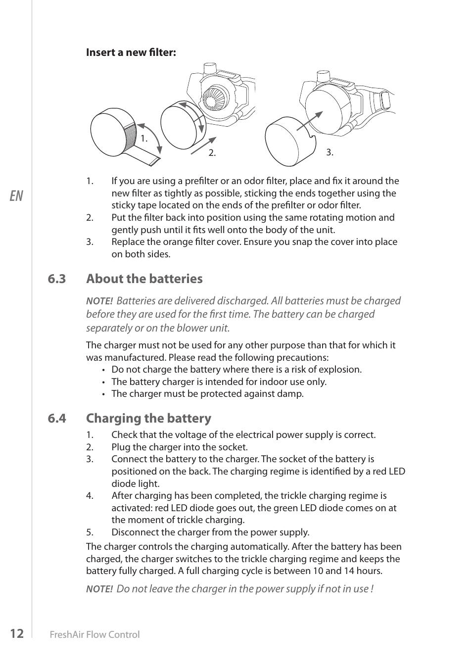 3 about the batteries, 4 charging the battery | Kemppi FreshAir Flow Control unit User Manual | Page 12 / 18