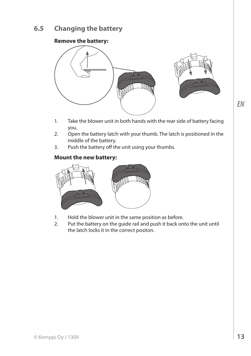 5 changing the battery | Kemppi FreshAir Flow Control unit User Manual | Page 13 / 18