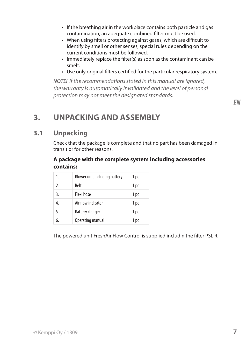 Unpacking and assembly, 1 unpacking | Kemppi FreshAir Flow Control unit User Manual | Page 7 / 18