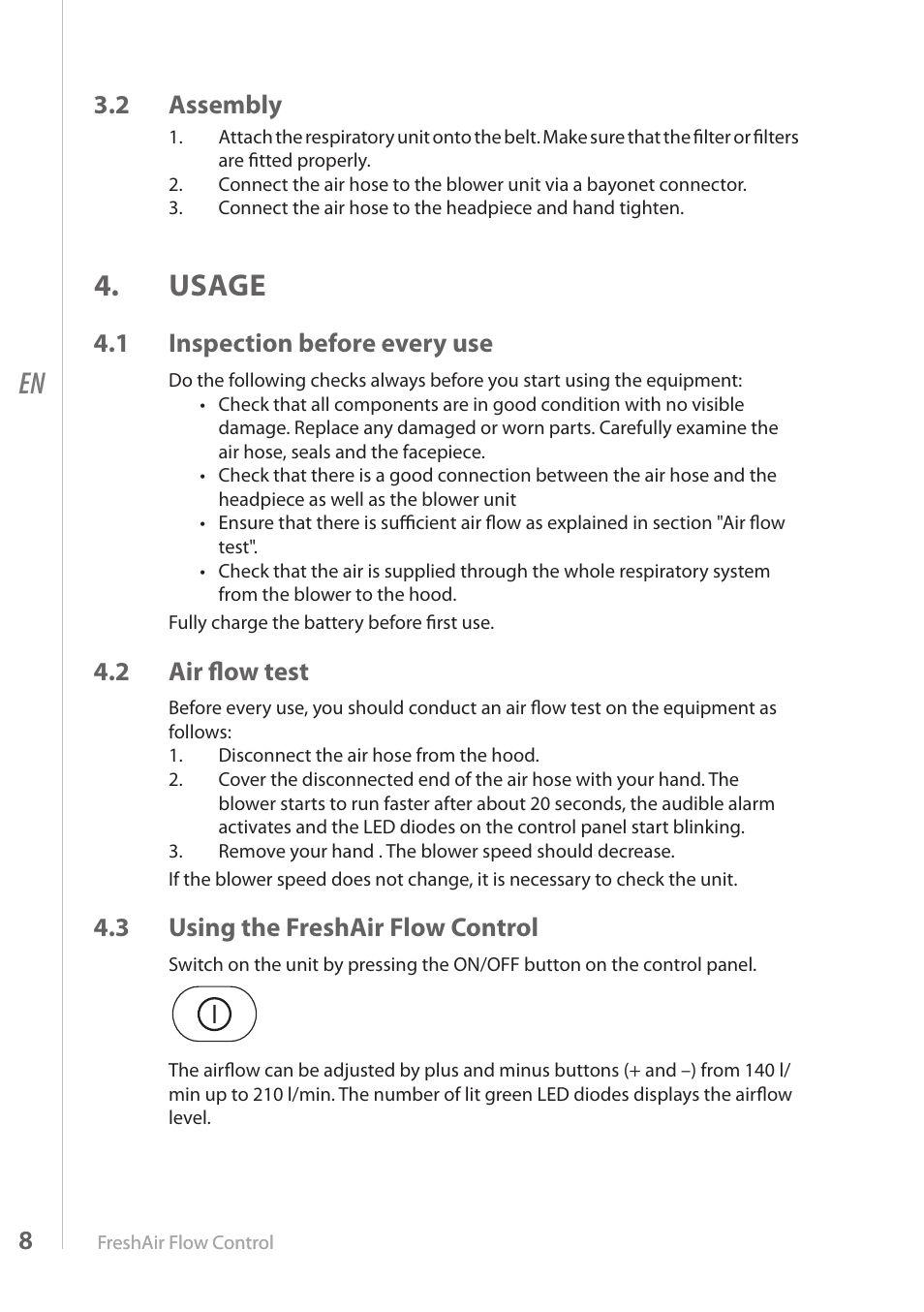 Usage, 2 assembly, 1 inspection before every use | 2 air flow test, 3 using the freshair flow control | Kemppi FreshAir Flow Control unit User Manual | Page 8 / 18
