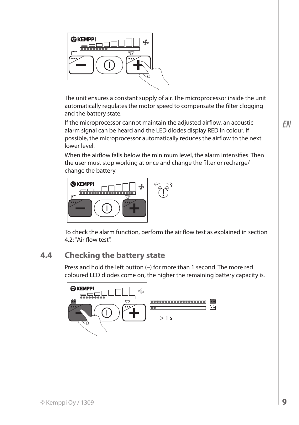 4 checking the battery state | Kemppi FreshAir Flow Control unit User Manual | Page 9 / 18