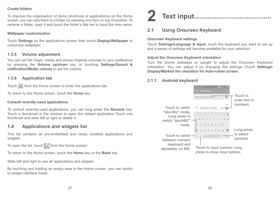 4 applications and widgets list, 2 text input, 1 using onscreen keyboard | Text input | Alcatel Pixi 4 4017 D User Manual | Page 15 / 61