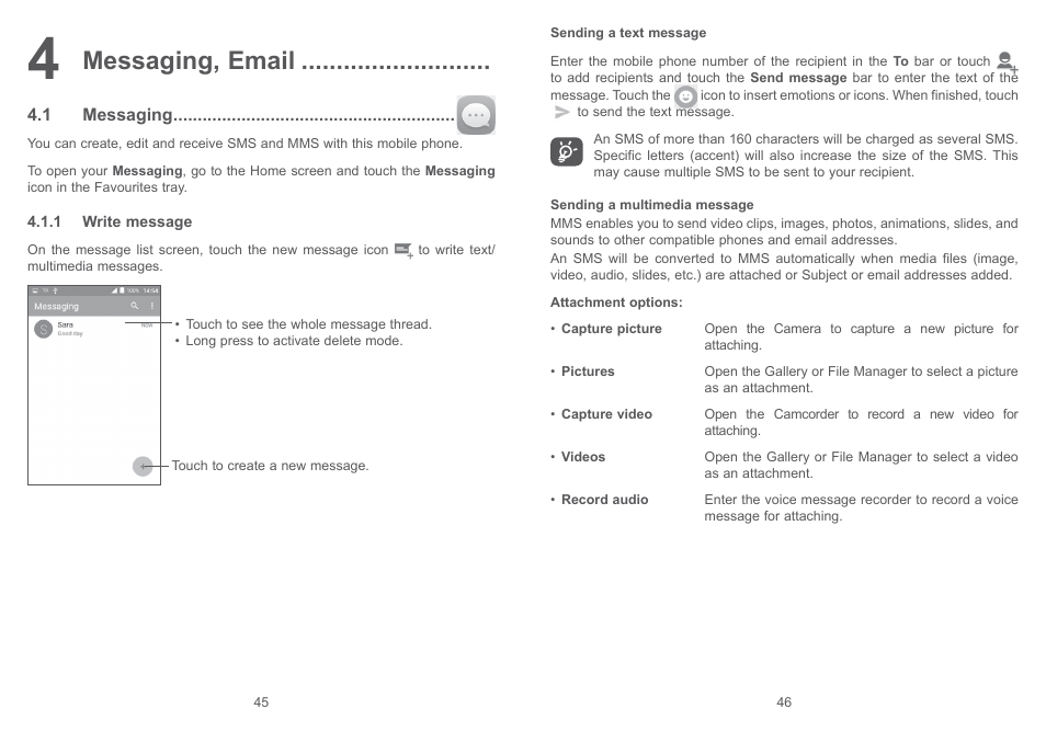 4 messaging, email, 1 messaging, 4 messaging, email | Messaging, email | Alcatel Pixi 4 4017 D User Manual | Page 24 / 61