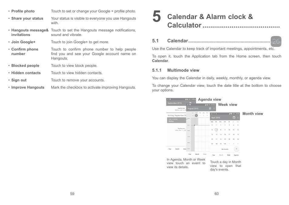 5 calendar & alarm clock & calculator, 1 calendar, 5 calendar & alarm clock & calculator | Calendar & alarm clock & calculator | Alcatel Pixi 4 4017 D User Manual | Page 31 / 61