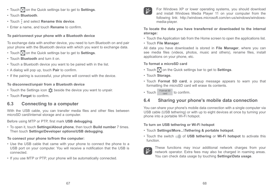 3 connecting to a computer, 4 sharing your phone's mobile data connection | Alcatel Pixi 4 4017 D User Manual | Page 35 / 61