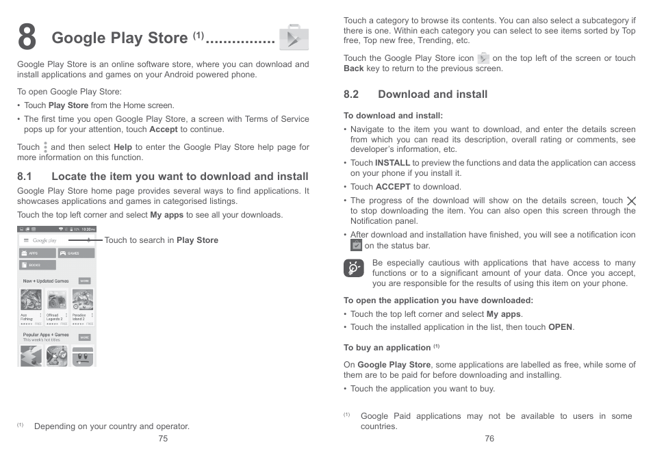 8 google play store, 1 locate the item you want to download and install, 2 download and install | Google play store | Alcatel Pixi 4 4017 D User Manual | Page 39 / 61