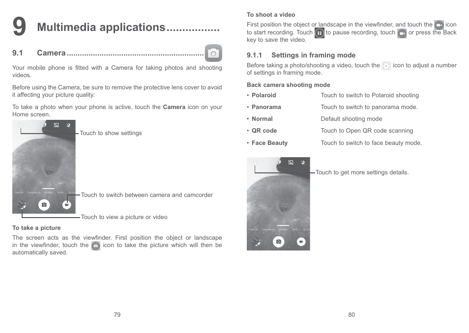 9 multimedia applications, 1 camera, Multimedia applications | Alcatel Pixi 4 4017 D User Manual | Page 41 / 61