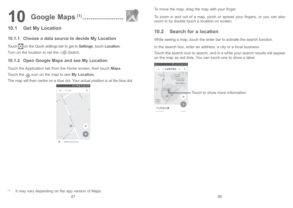 10 google maps, 1 get my location, 2 search for a location | 1 get my location 10.2 search for a location, Google maps | Alcatel Pixi 4 4017 D User Manual | Page 45 / 61