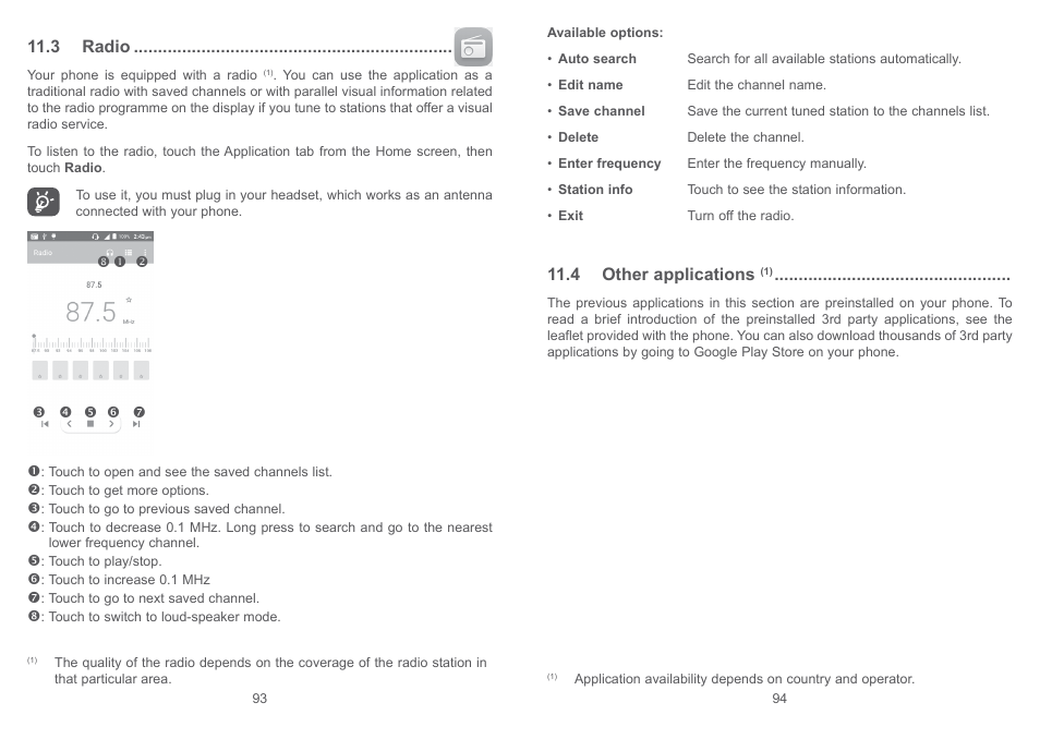 3 radio, 4 other applications, 3 radio 11.4 other applications | Alcatel Pixi 4 4017 D User Manual | Page 48 / 61