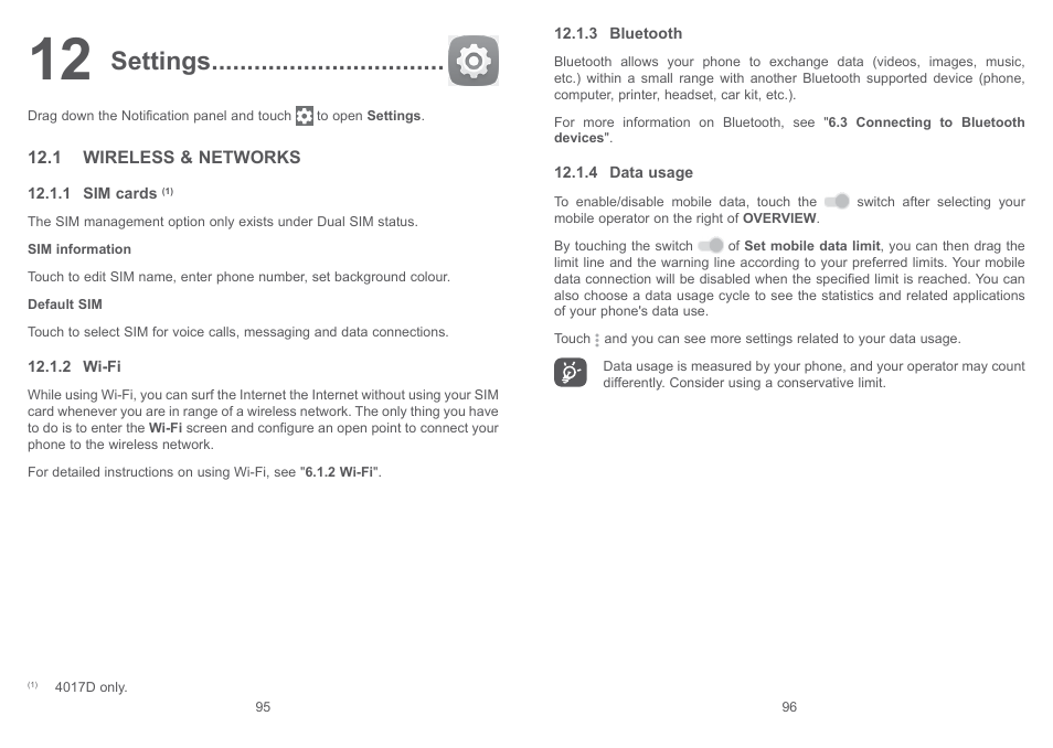 12 settings, 1 wireless & networks, Settings | Alcatel Pixi 4 4017 D User Manual | Page 49 / 61