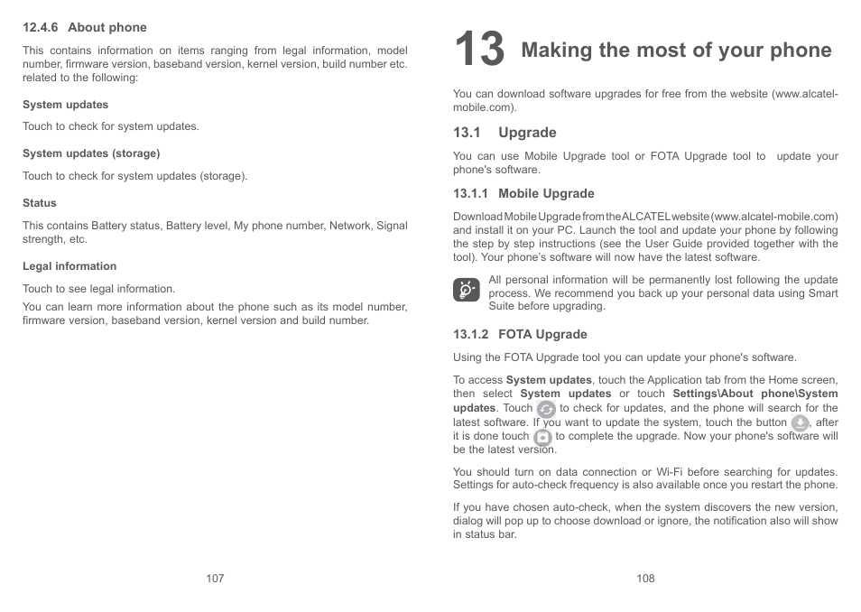 13 making the most of your phone, 1 upgrade, 13 making the most of your phone | Making the most of your phone | Alcatel Pixi 4 4017 D User Manual | Page 55 / 61