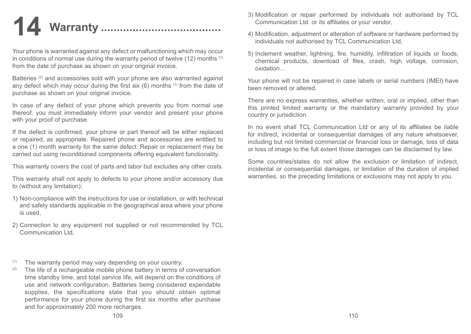 14 warranty, Warranty | Alcatel Pixi 4 4017 D User Manual | Page 56 / 61
