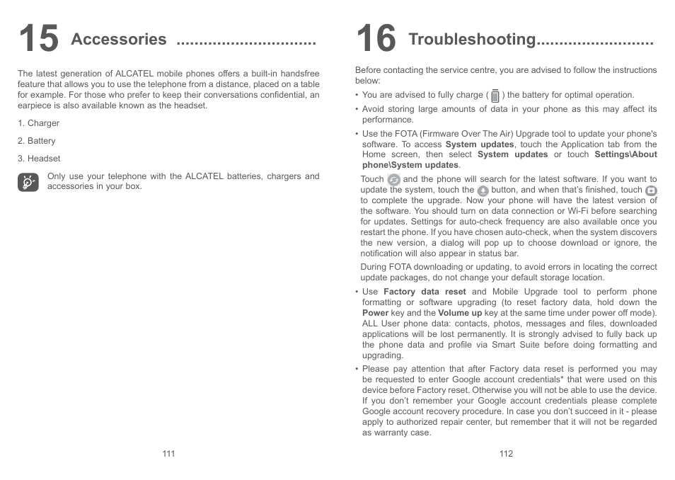 15 accessories, 16 troubleshooting, 15 accessories 16 troubleshooting | Accessories, Troubleshooting | Alcatel Pixi 4 4017 D User Manual | Page 57 / 61