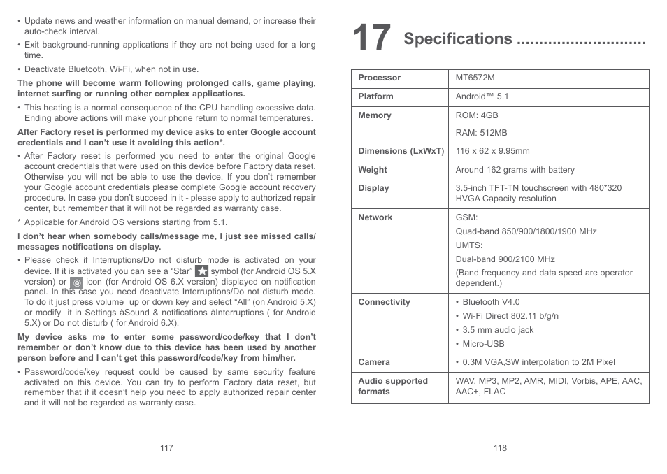 17 specifications, Specifications | Alcatel Pixi 4 4017 D User Manual | Page 60 / 61