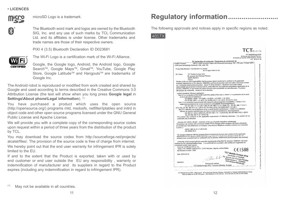 Regulatory information | Alcatel Pixi 4 4017 D User Manual | Page 7 / 61