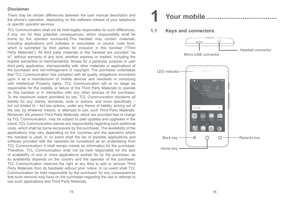1 your mobile, 1 keys and connectors, Your mobile | Alcatel Pixi 4 4017 D User Manual | Page 9 / 61