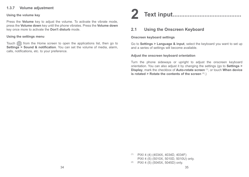 2 text input, 1 using the onscreen keyboard, Text input | Alcatel Pixi 4 4034 D User Manual | Page 19 / 61